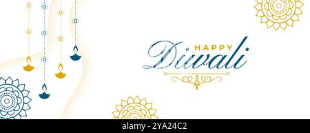 elegante striscione bianco di benvenuto felice diwali. vettore diya artistico sospeso Illustrazione Vettoriale
