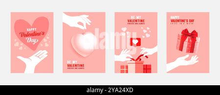 Set di poster di San Valentino o biglietti d'auguri con mani, cuori e motivi d'amore. Illustrazione vettoriale per i banner promozionali di San Valentino Illustrazione Vettoriale