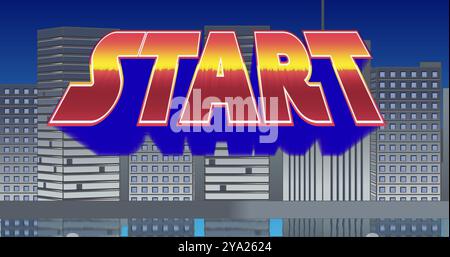 Immagine digitale di un segno di avvio che ingrandisce lo schermo mentre lampeggia e uno sfondo di edifici grigi con il cielo blu Foto Stock