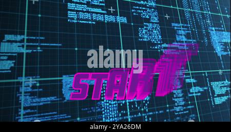 Immagine digitale di un segno di inizio che esegue lo zoom sullo schermo mentre lo sfondo mostra i contorni quadrati verdi che si muovono verso l'alto e la galassia Foto Stock