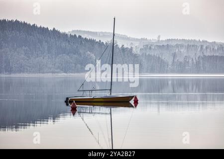 Una barca solitaria in acque calme, circondata da foreste nebbiose e un'atmosfera tranquilla, Seehamer SEE, nebbia Foto Stock
