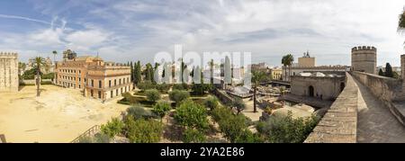 Vista panoramica di un paesaggio urbano con edifici storici, giardini e palme, Jerez Foto Stock