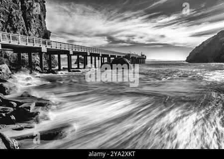 Trinidad California Pier e Oceano Pacifico, Black and White Image Foto Stock