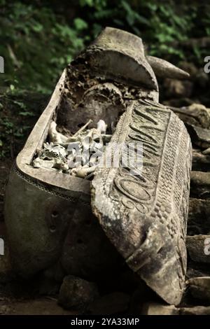 Sarcofago indigeno pieno di ossa umane in un sito di sepoltura tradizionale nel villaggio di Kete Kesu, Toraja settentrionale, Sulawesi meridionale, Indonesia. Foto Stock