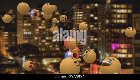 Immagine di icone emoji che volano sopra il paesaggio urbano con edifici illuminati di notte 4K Foto Stock