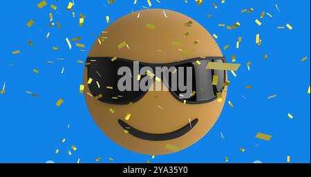 Immagine di un'icona emoji su sfondo viola con coriandoli cadenti Foto Stock