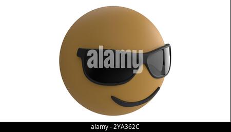 Immagine di un'icona emoji che annuisce sorridente con occhiali da sole su sfondo bianco 4k Foto Stock