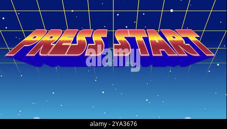 Immagine digitale di un segno Press Start che ingrandisce lo schermo mentre sullo sfondo vengono visualizzati i contorni quadrati verdi che si spostano verso l'alto e verso la galassia Foto Stock