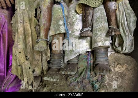 Sotto parti di sculture in legno, rappresentazione (effigie) del popolo defunto, che tradizionalmente chiamato "tau tau", a Toraja, Indonesia. Foto Stock