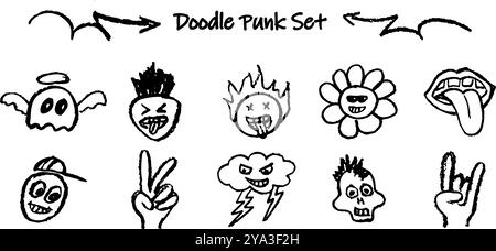 Set di testa punk doodle, gesti di capra, nuvola. Collezione di contorni di carbone nero vettoriale volti di emozioni umoristiche disegnate a mano. Cera retrò in stile grafitti Illustrazione Vettoriale