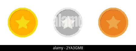 Icona a forma di moneta in argento, oro e bronzo pixel Art con set di stelle. Valuta vettoriale per videogame retrò. Illustrazione del vettore isolato Illustrazione Vettoriale