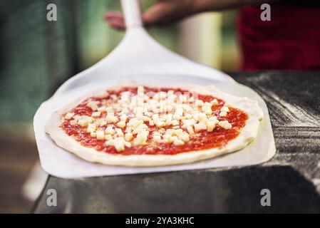 Pizza margarita italiana pronta per il forno Foto Stock