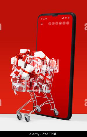 Carrello della spesa pieno di regali di Natale, scatole regalo rosse adornate da nastri, esce dallo schermo dello smartphone. Banner per promozioni di vendita, Foto Stock