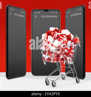 Carrello della spesa pieno di regali di Natale, scatole regalo rosse adornate con nastri, isolato su uno schermo vuoto dello smartphone. Banner per promozioni di vendita, Foto Stock