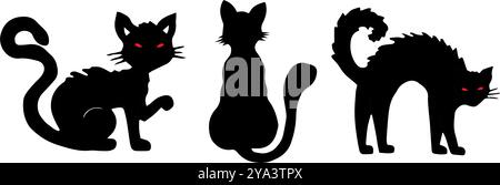 Set di sagome di gatto. Disegno in bianco e nero per Halloween. Clipart grafico disegnato a mano. Carini animali domestici. Illustrazione di animali per arredamento, design di Illustrazione Vettoriale