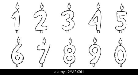 Le candele di compleanno contano un bel contorno a doodle, disegnate a mano. Imposta le decorazioni numerali delle feste con fiamma. . Illustrazione vettoriale Illustrazione Vettoriale