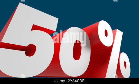 50 %, banner promozione 3d, percentuale di prezzo. Cifra con un segno di percentuale. Copia spazio. Foto Stock