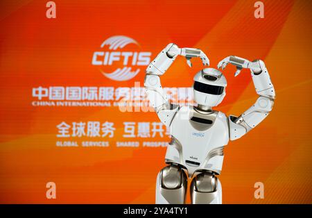 Pechino, Cina. 12 settembre 2024. Un robot posa durante la China International Fair for Trade in Services (CIFTIS) 2024 presso il China National Convention Center di Pechino, capitale della Cina, 12 settembre 2024. Crediti: Zou Guangping/Xinhua/Alamy Live News Foto Stock