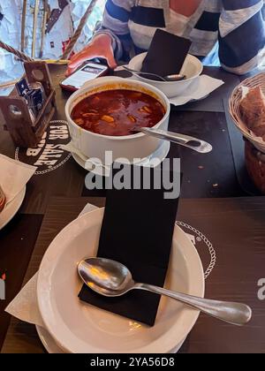 Tradizionale zuppa ungherese di gulasch calda in un profondo recipiente con un mestolo servito sul tavolo. Foto di alta qualità Foto Stock