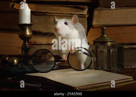 Un bel topo grigio corre tra vecchi libri, portacandele e bicchieri vecchio stile su un tavolo in una vecchia casa Foto Stock