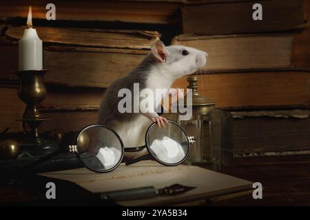 Il topo grigio corre tra vecchi libri, portacandele e bicchieri vecchio stile su un tavolo in una vecchia casa Foto Stock