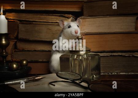 Un bel topo grigio corre tra vecchi libri, pozzo d'inchiostro e bicchieri vecchio stile su un tavolo in una vecchia casa Foto Stock