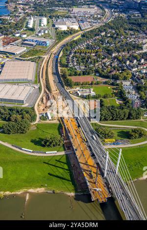 Luftbild, Großbaustelle Autobahn A40 Rheinbrücke Neuenkamp, Neuenkamp, Duisburg, Ruhrgebiet, Nordrhein-Westfalen, Deutschland ACHTUNGxMINDESTHONORARx60xEURO *** Vista aerea, autostrada A40 per cantieri, ponte sul Reno Neuenkamp, Neuenkamp, Duisburg, regione della Ruhr, Renania settentrionale-Vestfalia, Germania ATTENTIONxMINDESTHONORARx60xEURO Foto Stock