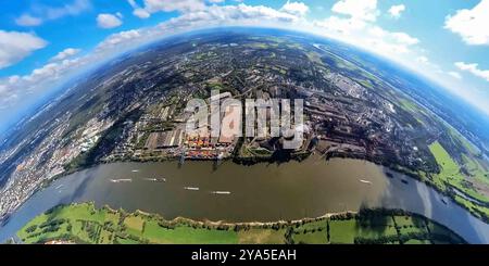 Luftbild, logport II zwei am Fluss Rhein, Stahlwerk HKM Hüttenwerke Krupp Mannesmann GmbH, Erdkugel, Fisheye Aufnahme, Fischaugen Aufnahme, 360 Grad Aufnahme, Tiny World, Little Planet, Fisheye Bild, Hüttenheim, Duisburg, Ruhrgebiet, Nordrhein-Westfalen, Deutschland ACHTUNGxMINDESTHONORARx60xEURO *** Vista aerea, logport II due sul fiume Reno, acciaierie HKM Hüttenwerke Krupp Mannesmann GmbH, globo terrestre, immagine fisheye, immagine a 360 gradi, mondo minuscolo, piccolo pianeta, immagine fisheye, Hüttenheim, Duisburg, regione della Ruhr, Renania settentrionale-Vestfalia, Germania ATTENTIONxMINDESTHONORARx60xEURO Foto Stock