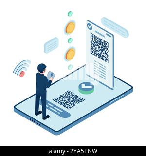 Uomo d'affari isometrico che effettua pagamenti con codice QR con smartphone. Pagamento con codice QR e concetto senza contanti Illustrazione Vettoriale