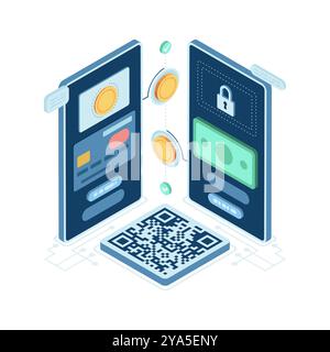 Sicurezza dei pagamenti digitali isometrici con dispositivi mobili e codice QR. Concetto di pagamento mobile Illustrazione Vettoriale