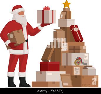Felice Babbo Natale con in mano un regalo e scatole per la consegna disposte a forma di albero di Natale, isolate Illustrazione Vettoriale