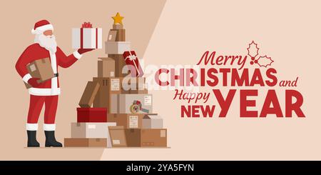 Buon Babbo Natale e scatole di consegna disposte a forma di albero di Natale, striscione con i auguri di Natale Illustrazione Vettoriale