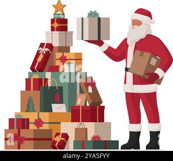 Felice Babbo Natale che si accatastano regali a forma di albero di Natale, servizio di consegna a domicilio e concetto di festività, isolato Illustrazione Vettoriale