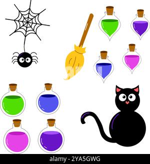 Set halloween vettoriale cartoni animati di gatto nero isolato, pozioni, scopa da strega, ragno su sfondo bianco Illustrazione Vettoriale