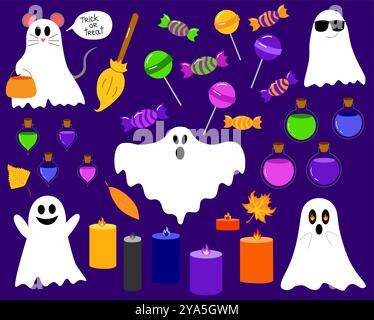Set di fantasmi, candele, pozioni, caramelle di Halloween. Illustrazione vettoriale della festa di Halloween. su uno sfondo scuro. Set di cartoni animati vettoriali di isolati. Illustrazione Vettoriale