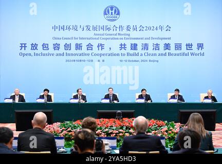 Pechino, Cina. 12 ottobre 2024. Il vice Premier cinese Ding Xuexiang, anche membro del Comitato permanente dell'Ufficio politico del Comitato centrale del Partito Comunista Cinese e presidente del Consiglio cinese per la cooperazione internazionale sull'ambiente e lo sviluppo (CCICED), tiene un discorso alla riunione annuale del CCICED del 2024 a Pechino, capitale della Cina, il 12 ottobre 2024. Crediti: Shen Hong/Xinhua/Alamy Live News Foto Stock