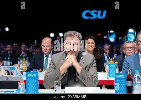 Augusta, Baviera, Germania - 12 ottobre 2024: Conferenza di partito della CSU (Unione Cristiana sociale in Baviera) ad Augusta. Primo Ministro Dr. Markus Söder *** Parteitag der CSU (Unione Christlich-Soziale a Bayern) ad Augusta. Ministerpräsident Dr. Markus Söder credito: MB NEWS/Alamy Live News Foto Stock