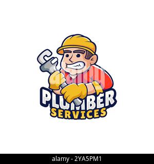 Mascotte Plumber Service Logo Modern Vector Design Template Illustrazione Vettoriale