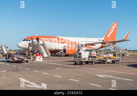 Catania, Sicilia, Italia - 29 settembre 2024: Compagnia aerea low cost EasyJet in preparazione alla partenza nell'aeroporto internazionale Catania-Fontanarossa, Foto Stock