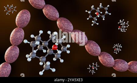 rendering 3d di streptomyces e molecole di geosmina, la geosmina contribuisce al caratteristico odore terroso. Foto Stock