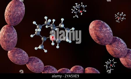 rendering 3d di streptomyces e molecole di geosmina, la geosmina contribuisce al caratteristico odore terroso. Foto Stock