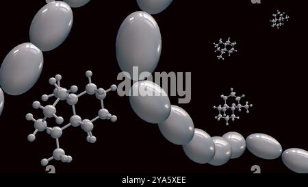rendering 3d di streptomyces e molecole di geosmina, la geosmina contribuisce al caratteristico odore terroso. Foto Stock