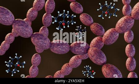 rendering 3d di streptomyces e molecole di geosmina, la geosmina contribuisce al caratteristico odore terroso. Foto Stock
