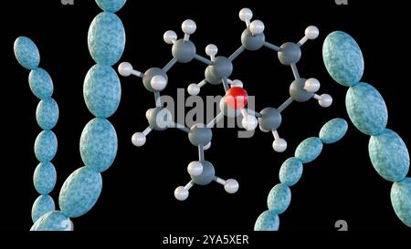 rendering 3d di streptomyces e molecole di geosmina, la geosmina contribuisce al caratteristico odore terroso. Foto Stock