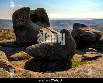 Formazioni rocciose naturali scultoree formate dagli agenti atmosferici nel Carboniferous Millstone Grit ai margini di Kinder Scout nel Derbyshire Peak District Regno Unito Foto Stock