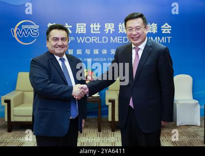 Pechino, Cina. 12 ottobre 2024. Il presidente della Xinhua News Agency fu Hua incontra Felix Alberto Paz Quiroz, direttore generale dell'agenzia di stampa peruviana Andina, che si trova in Cina per il sesto World Media Summit, a Pechino, capitale della Cina, 12 ottobre 2024. Crediti: Wang Ye/Xinhua/Alamy Live News Foto Stock