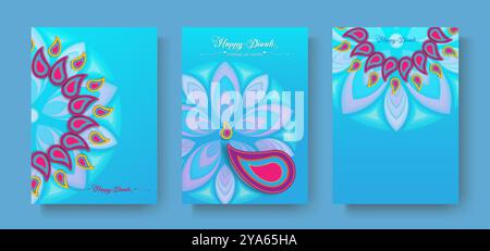 Happy Diwali Festival of Lights India Celebration Set colorato modello. Design verticale di lampade a olio Diya indiane, Gradient Design in blu Illustrazione Vettoriale