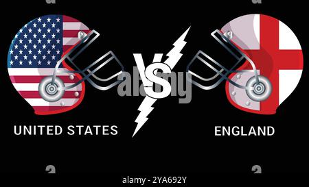 illustrazione in 3d delle bandiere degli stati uniti e dell'inghilterra sui caschi da cricket per la partita contro lo sfondo nero Illustrazione Vettoriale
