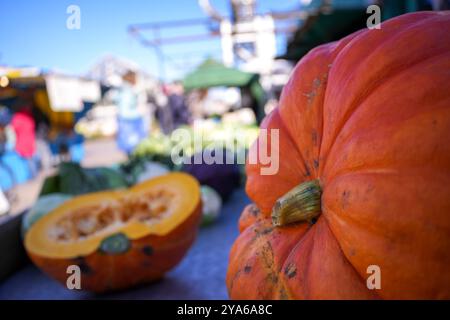 Zucca presentata in un mercato settimanale nel nord della Germania all'aperto senza nessuno. Motivo autunnale per Halloween e il Ringraziamento Foto Stock