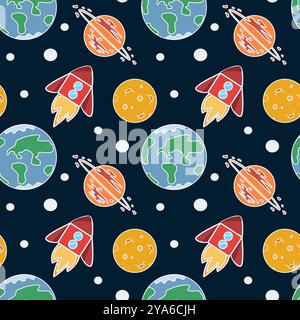 Galassia spaziale infantile senza cuciture con astronavi e pianeta Terra, luna, razzo, stelle su sfondo blu. Fantasia pianeti modello senza cuciture per Illustrazione Vettoriale